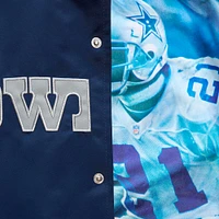 Veste en satin entièrement zippée à motif joueur retraité des Cowboys de Dallas Mitchell & Ness Deion Sanders pour homme, bleu marine