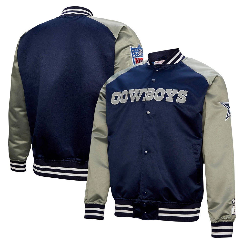 Veste en satin entièrement zippée à motif joueur retraité des Cowboys de Dallas Mitchell & Ness Deion Sanders pour homme, bleu marine