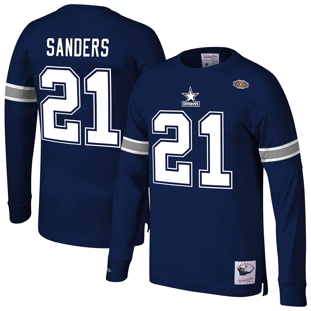 Haut à manches longues pour homme Mitchell & Ness Deion Sanders bleu marine avec nom et numéro de joueur retraité des Cowboys Dallas