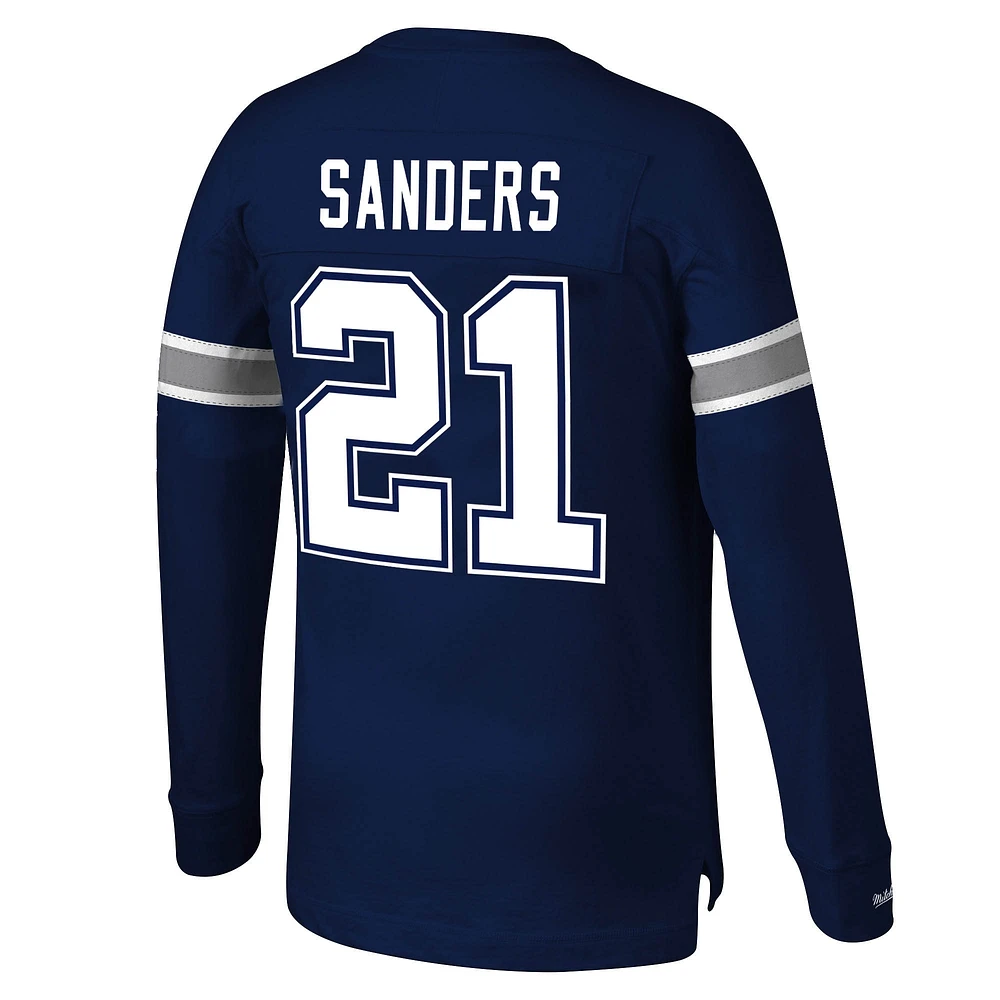 Haut à manches longues pour homme Mitchell & Ness Deion Sanders bleu marine avec nom et numéro de joueur retraité des Cowboys Dallas