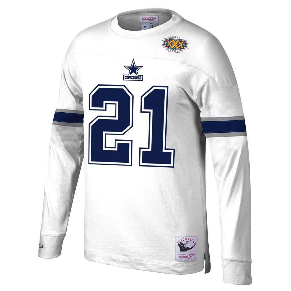 Haut à manches longues blanc Mitchell & Ness Deion Sanders pour hommes, nom et numéro du joueur retraité des Cowboys de Dallas