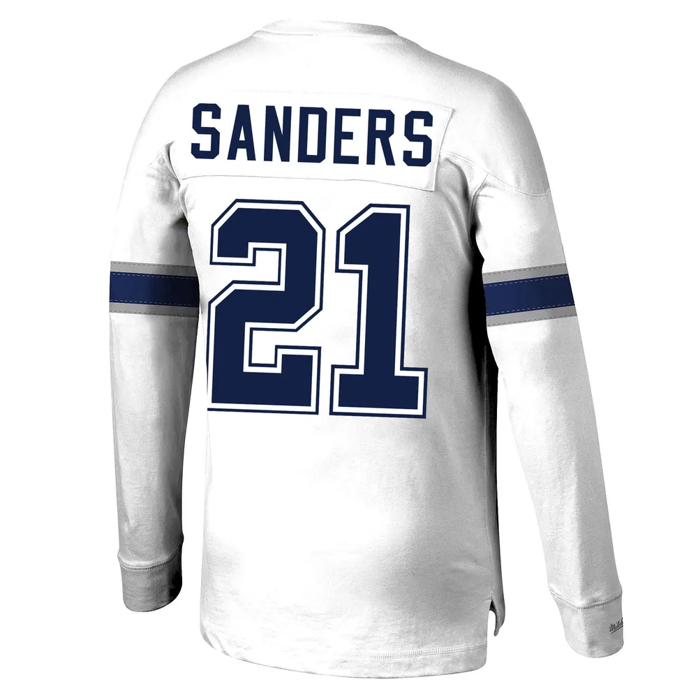 Haut à manches longues blanc Mitchell & Ness Deion Sanders pour hommes, nom et numéro du joueur retraité des Cowboys de Dallas