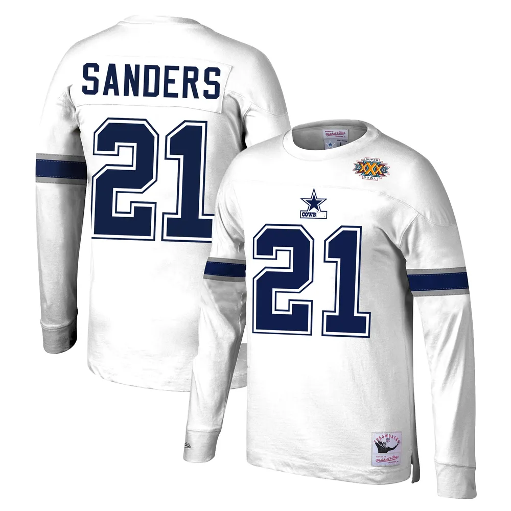 Haut à manches longues blanc Mitchell & Ness Deion Sanders pour hommes, nom et numéro du joueur retraité des Cowboys de Dallas