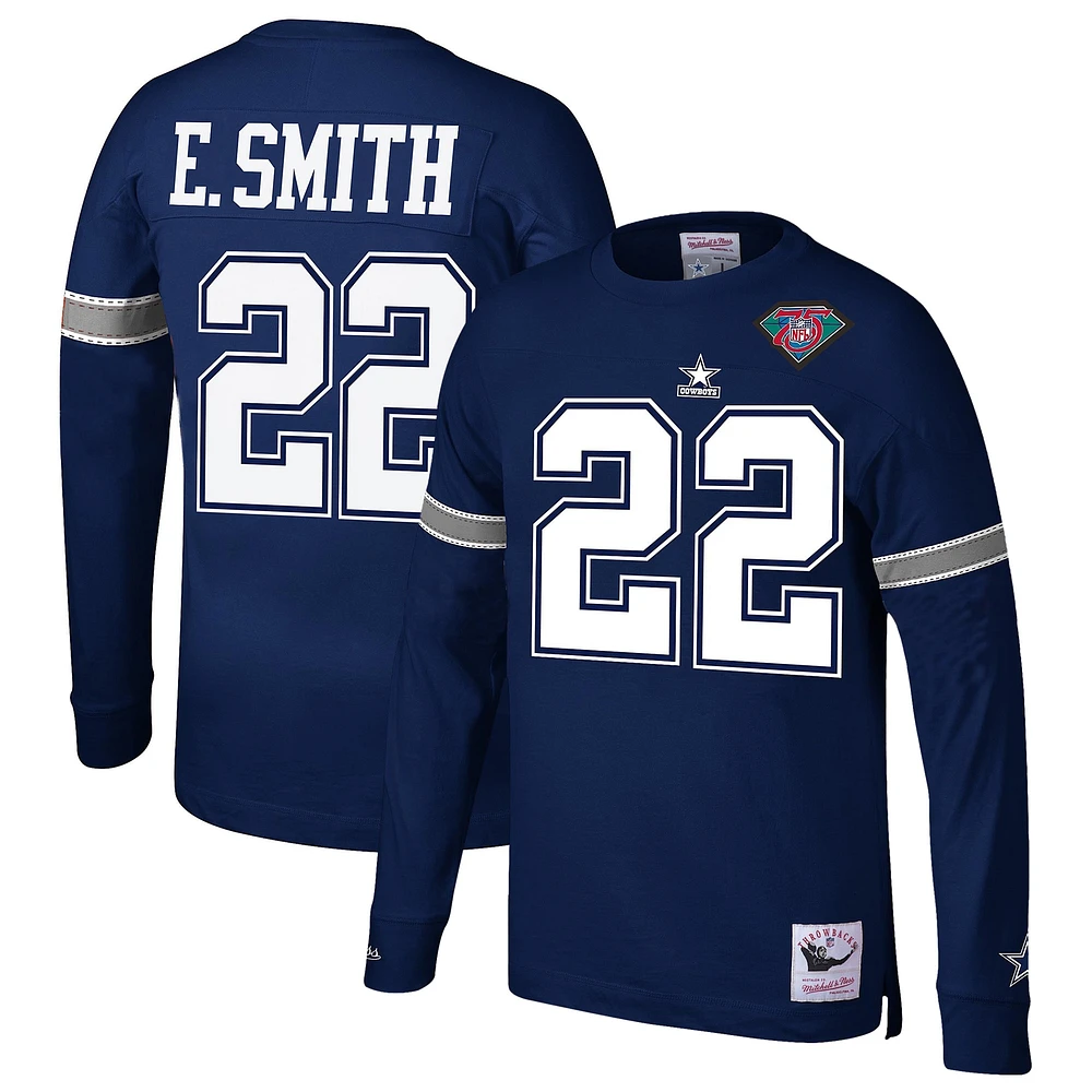 Haut à manches longues pour hommes Mitchell & Ness Emmitt Smith bleu marine Dallas Cowboys Throwback Nom et numéro du joueur retraité