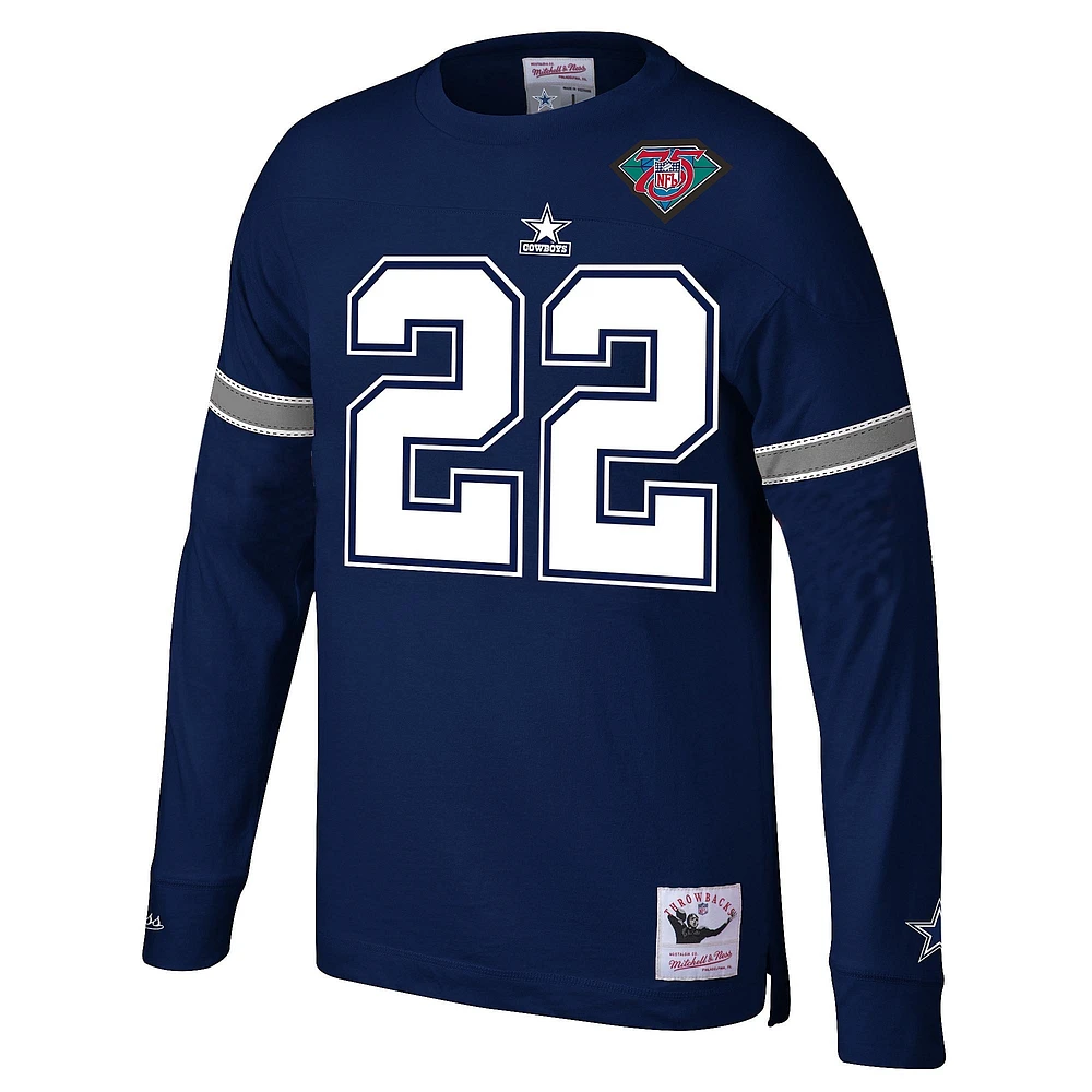 Haut à manches longues pour hommes Mitchell & Ness Emmitt Smith bleu marine Dallas Cowboys Throwback Nom et numéro du joueur retraité