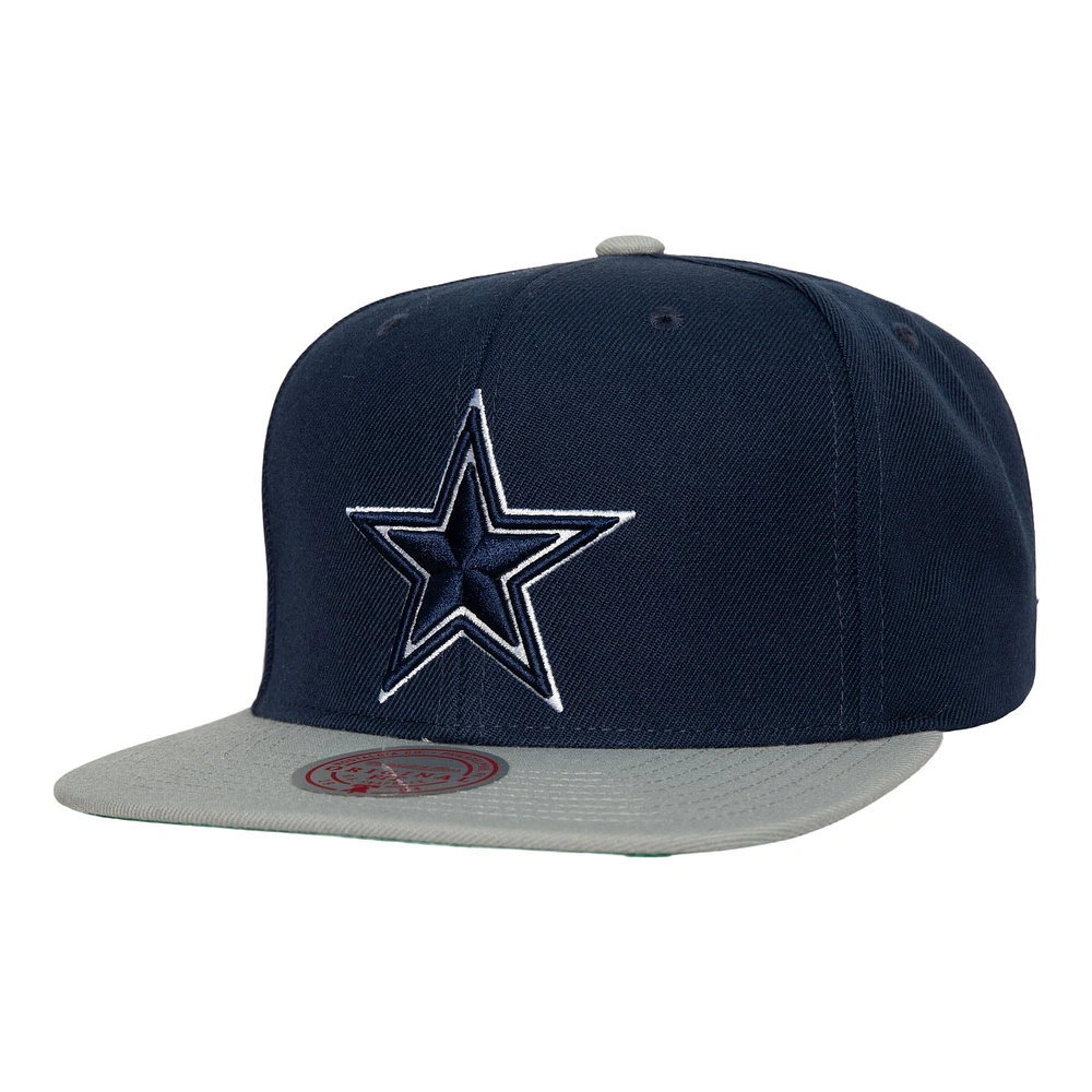 Casquette Snapback bicolore de l'équipe Dallas Cowboys Mitchell & Ness pour homme, bleu marine/argenté