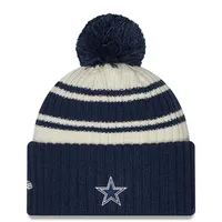 Pour homme New Era crème/bleu marine Dallas Cowboys 2022 Sideline - Tuque sport en tricot à revers avec pompons