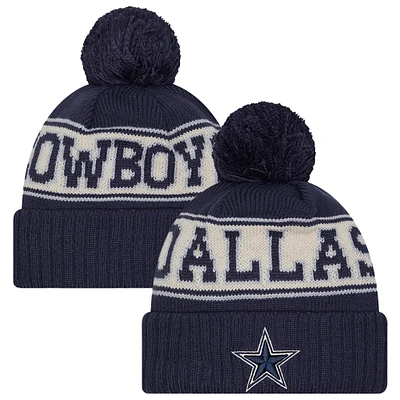 Bonnet en tricot à revers rétro Dallas Cowboys New Era bleu marine pour homme avec pompon