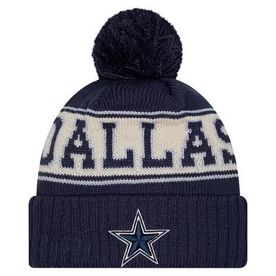 Bonnet en tricot à revers rétro Dallas Cowboys New Era bleu marine pour homme avec pompon