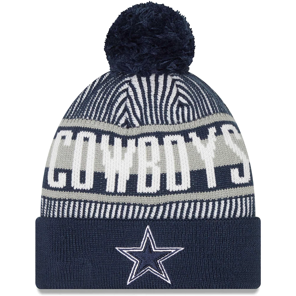 Dallas Cowboys New Era pour homme à rayures bleu marine - Bonnet en tricot à revers avec pompon