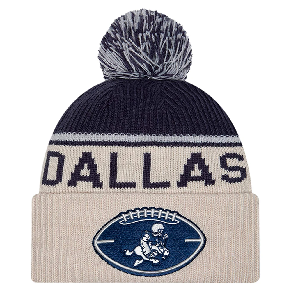 Men's New Era Stone Dallas Cowboys NFL Sideline Historic Cuffed Knit Hat with Pom