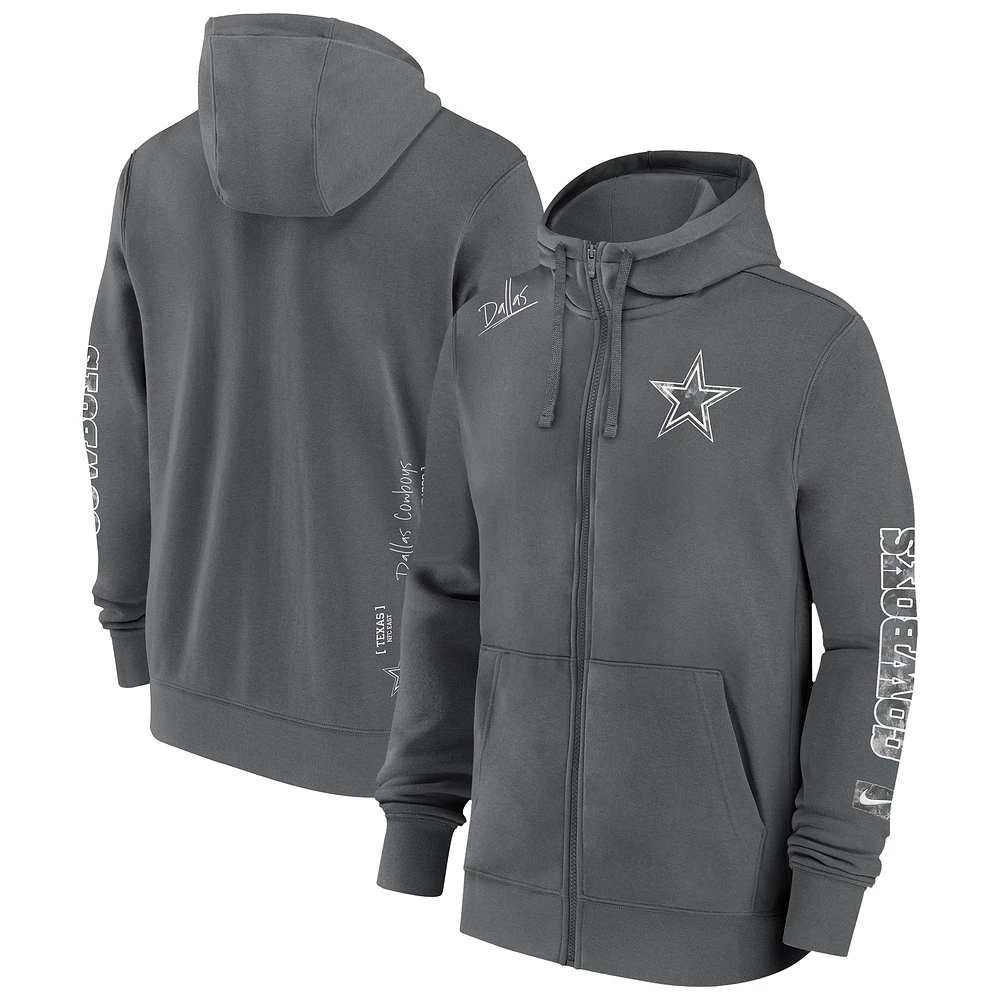 Sweat à capuche entièrement zippé Nike Anthracite Dallas Cowboys Multi Logo pour homme