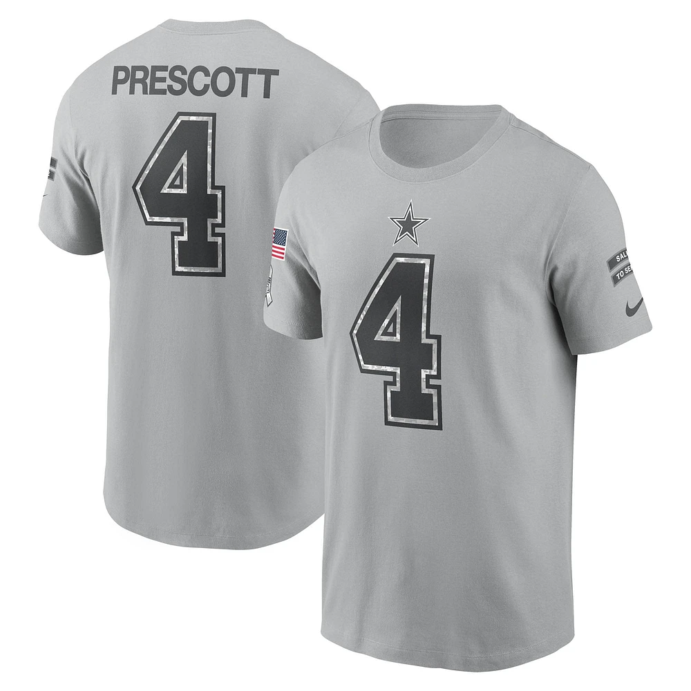 T-shirt Nike Dak Prescott gris Dallas Cowboys 2024 Salute To Service pour homme avec nom et numéro