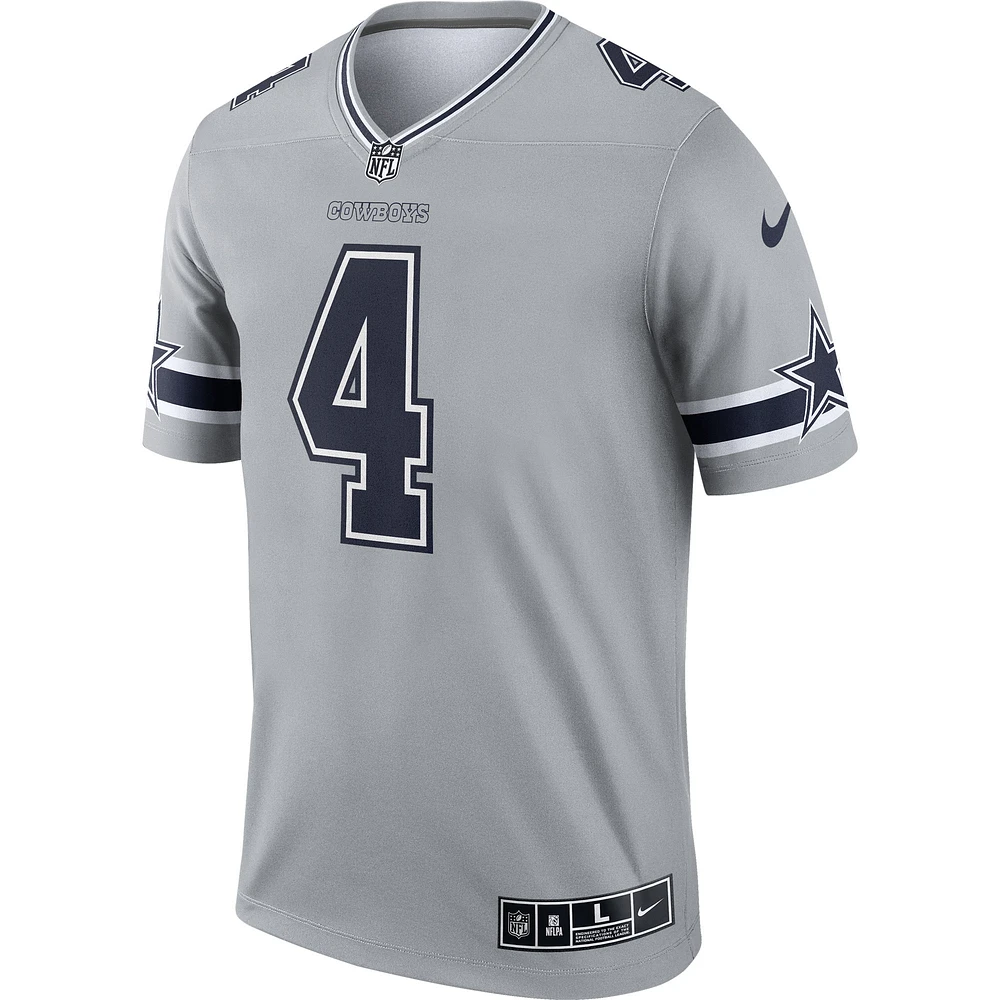 Maillot Nike Dak Prescott argenté pour hommes des Dallas Cowboys Inverted Legend