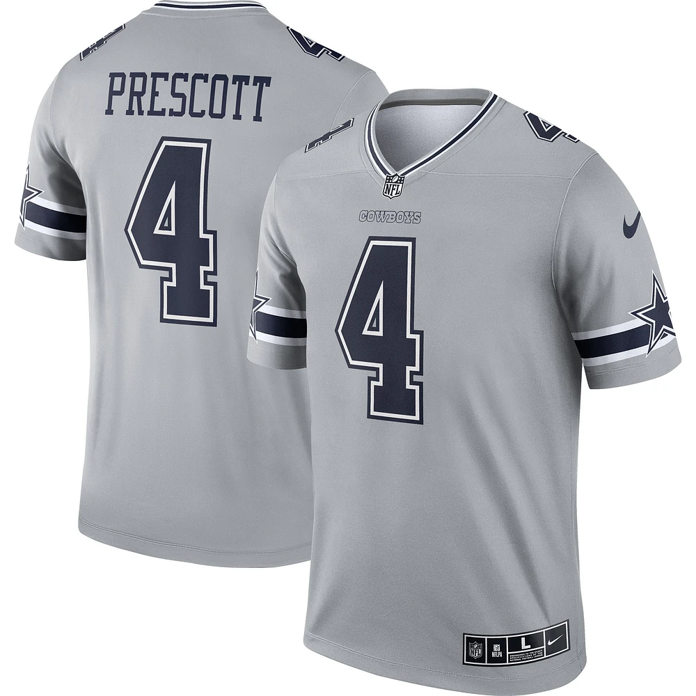 Maillot Nike Dak Prescott argenté pour hommes des Dallas Cowboys Inverted Legend