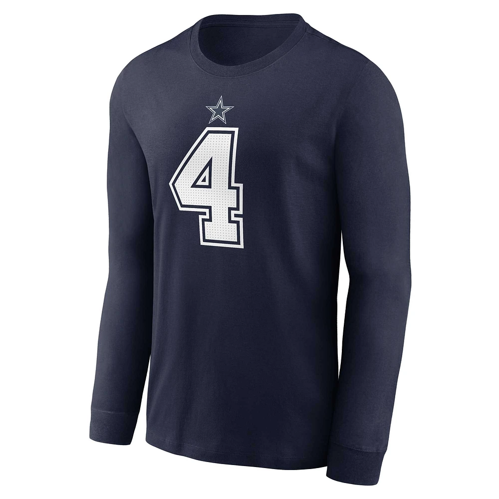 T-shirt à manches longues Nike Dak Prescott pour hommes, bleu marine, nom et numéro du joueur des Dallas Cowboys