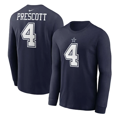 T-shirt à manches longues Nike Dak Prescott pour hommes, bleu marine, nom et numéro du joueur des Dallas Cowboys