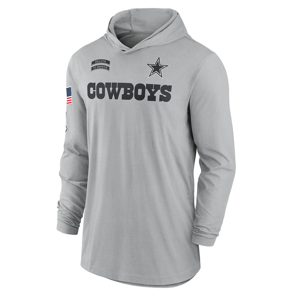 T-shirt à capuche léger et performant manches longues Nike Dallas Cowboys 2024 Salute to Service pour homme, gris