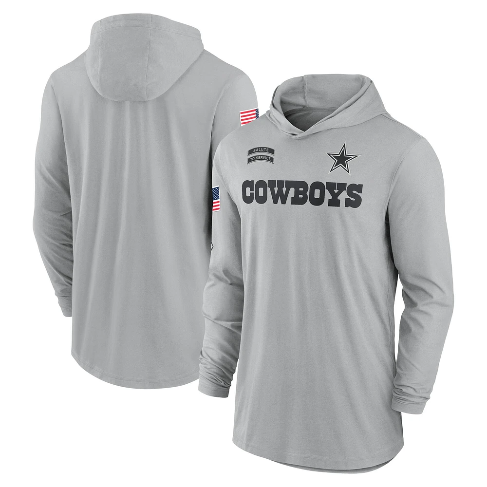 T-shirt à capuche léger et performant manches longues Nike Dallas Cowboys 2024 Salute to Service pour homme, gris