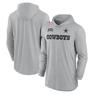 T-shirt à capuche léger et performant manches longues Nike Dallas Cowboys 2024 Salute to Service pour homme, gris