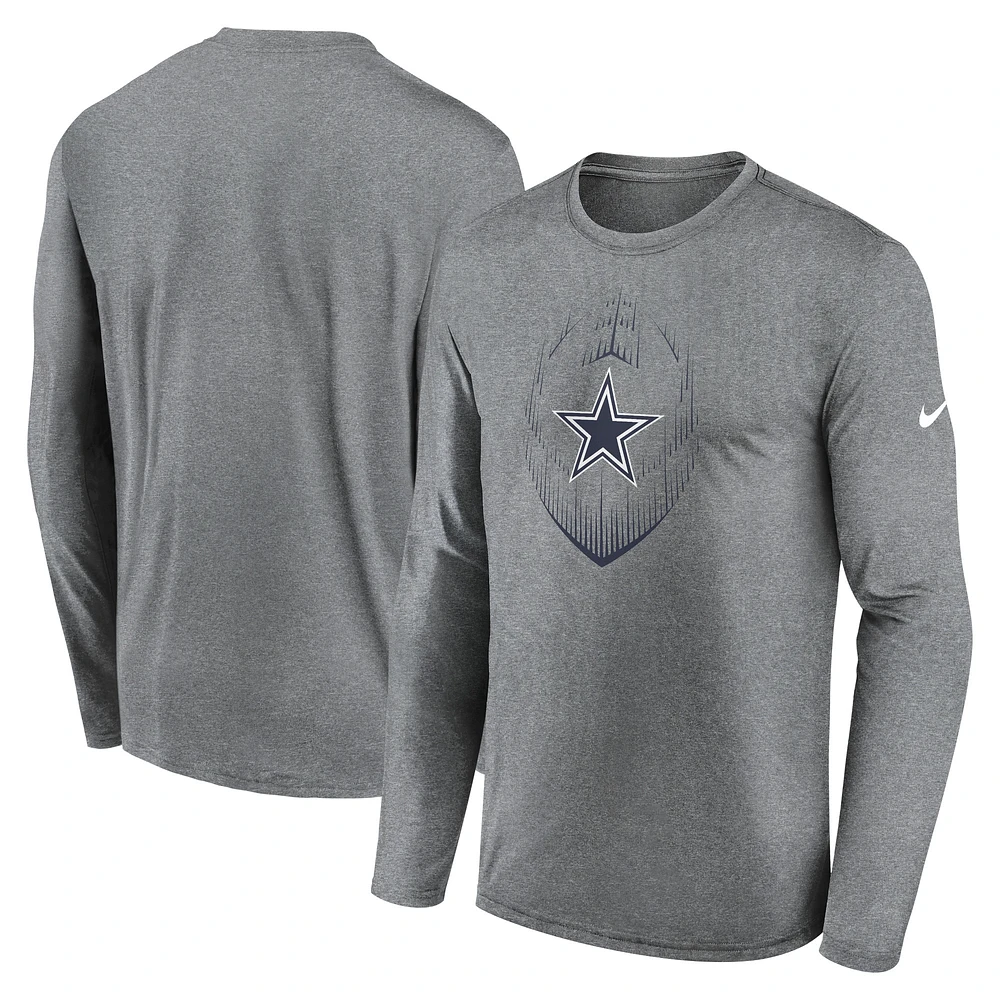 T-shirt à manches longues Nike gris chiné Dallas Cowboys Icon Legend Performance pour homme