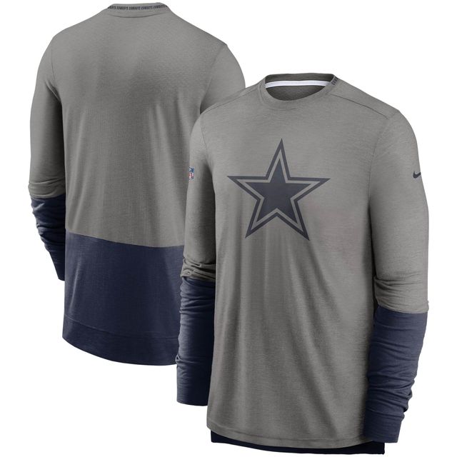 T-shirt à manches longues Nike Dallas Cowboys Sideline Player Performance pour homme, gris chiné/bleu marine