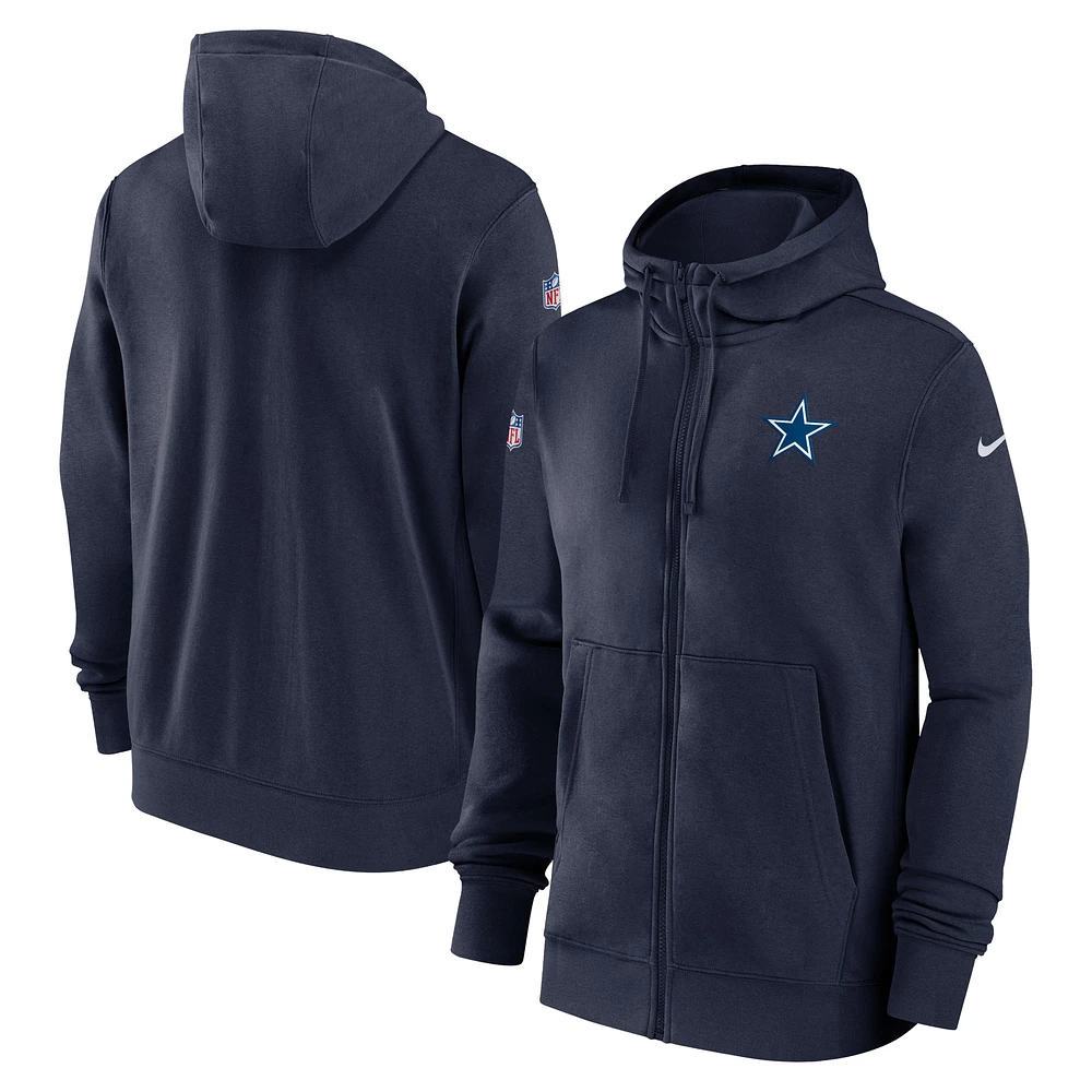 Sweat à capuche entièrement zippé Nike bleu marine Dallas Cowboys 2023/24 Sideline Club pour homme