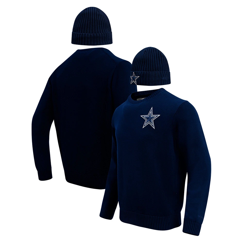 Pull à col rond et chapeau en tricot revers Pro Standard pour hommes, bleu marine, Dallas Cowboys, coffret cadeau