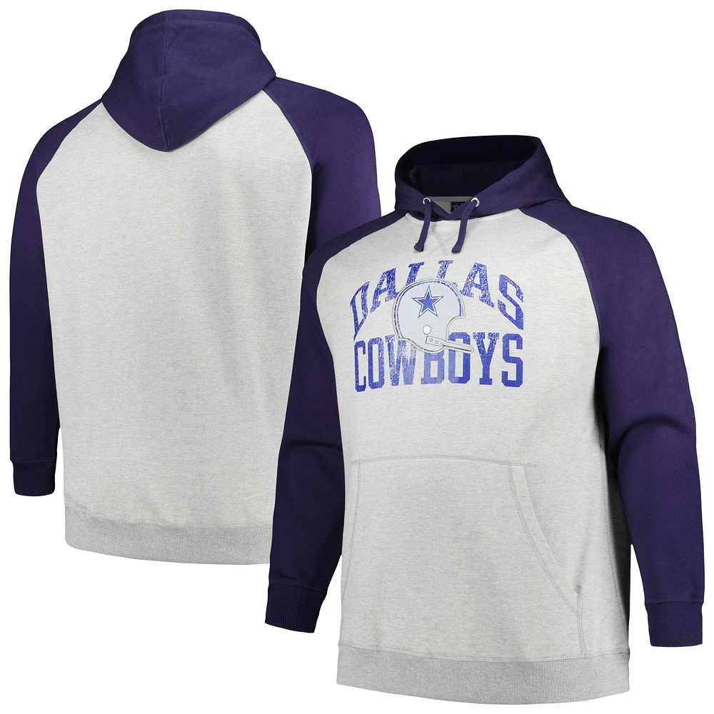 Profil pour hommes Gris chiné/marine Dallas Cowboys Big & Tall Favorite Arch Throwback Raglan Pull à capuche