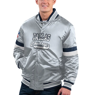 Veste universitaire à bouton-pression en satin pour hommes Starter Grey Dallas Cowboys Home Game