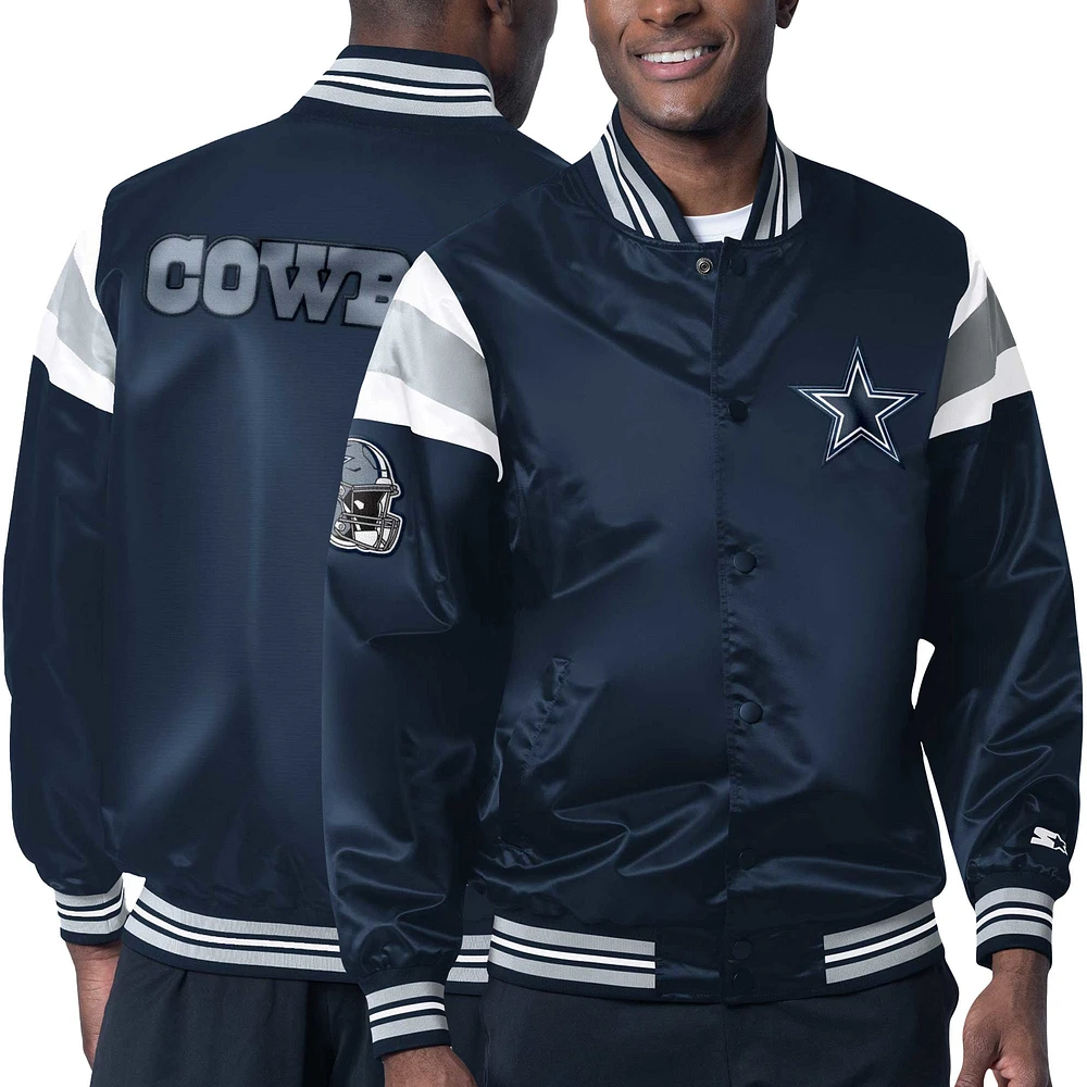 Veste universitaire à bouton-pression en satin Starter Navy Dallas Cowboys pour hommes