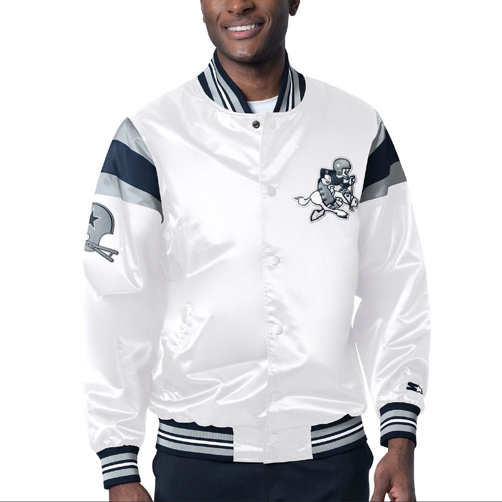 Veste universitaire à bouton-pression en satin Starter White Dallas Cowboys pour hommes