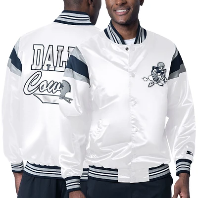 Veste universitaire à bouton-pression en satin Starter White Dallas Cowboys pour hommes