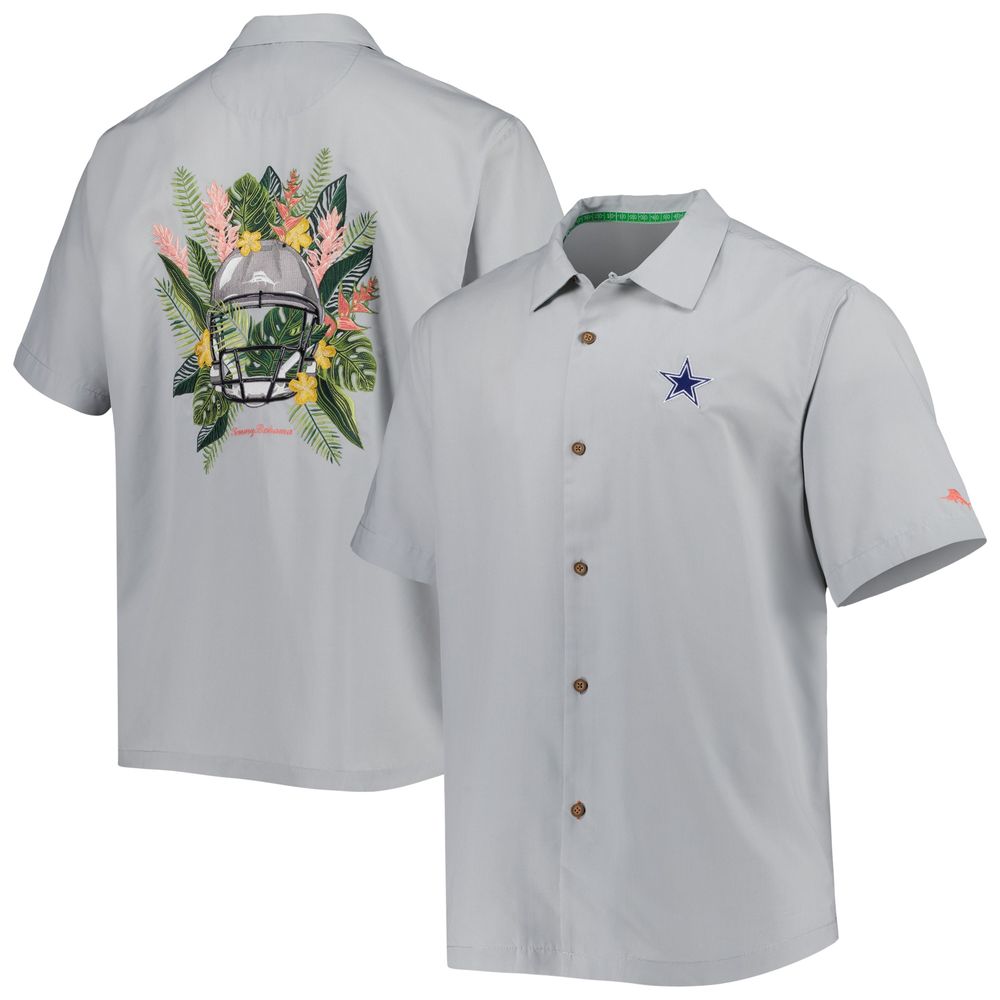 Men's Tommy Bahama Gray Dallas Cowboys Coconut Point Frondly Fan Camp IslandZone Button-Up Shirt