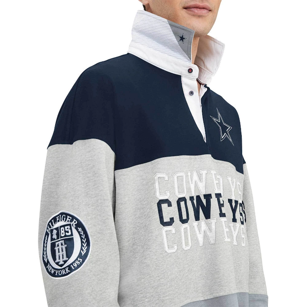 Polo surdimensionné à manches longues de rugby Tommy Hilfiger pour hommes gris chiné/marine Dallas Cowboys Connor