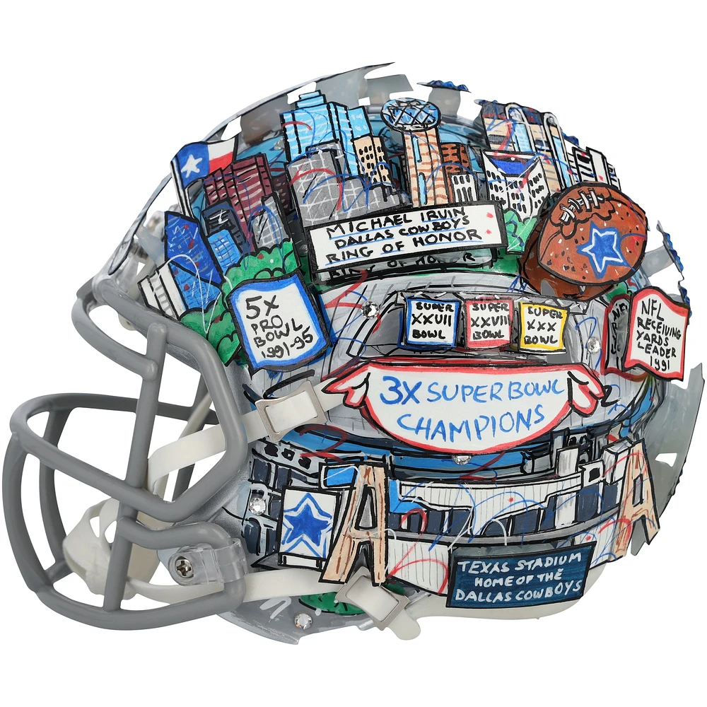 Michael Irvin Dallas Cowboys Autographed Riddell Speed Mini Helmet - Art by Charles Fazzino - WN55914918