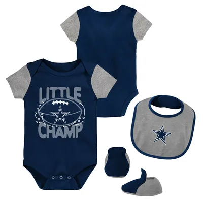 Dallas Cowboys Newborn & Infant Little Champ Three-Piece Bodysuit, Bib Booties Set - Navy/Heathered Gray