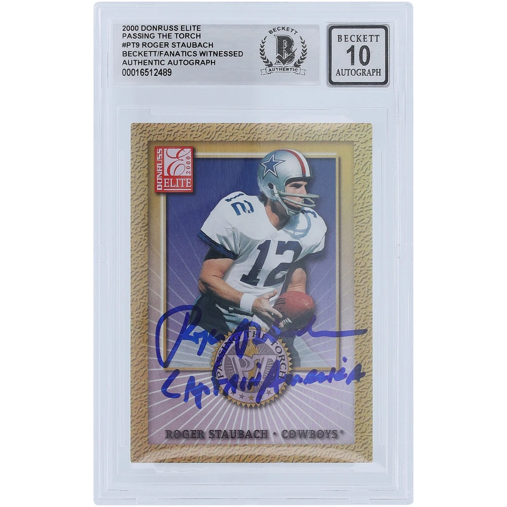 Roger Staubach Dallas Cowboys Autographed 2000 Donruss Elite Passing The Torch #PT-9 #/1500 Beckett Fanatics Witnessed Authenticated 10 Card with "Captain America" Inscription