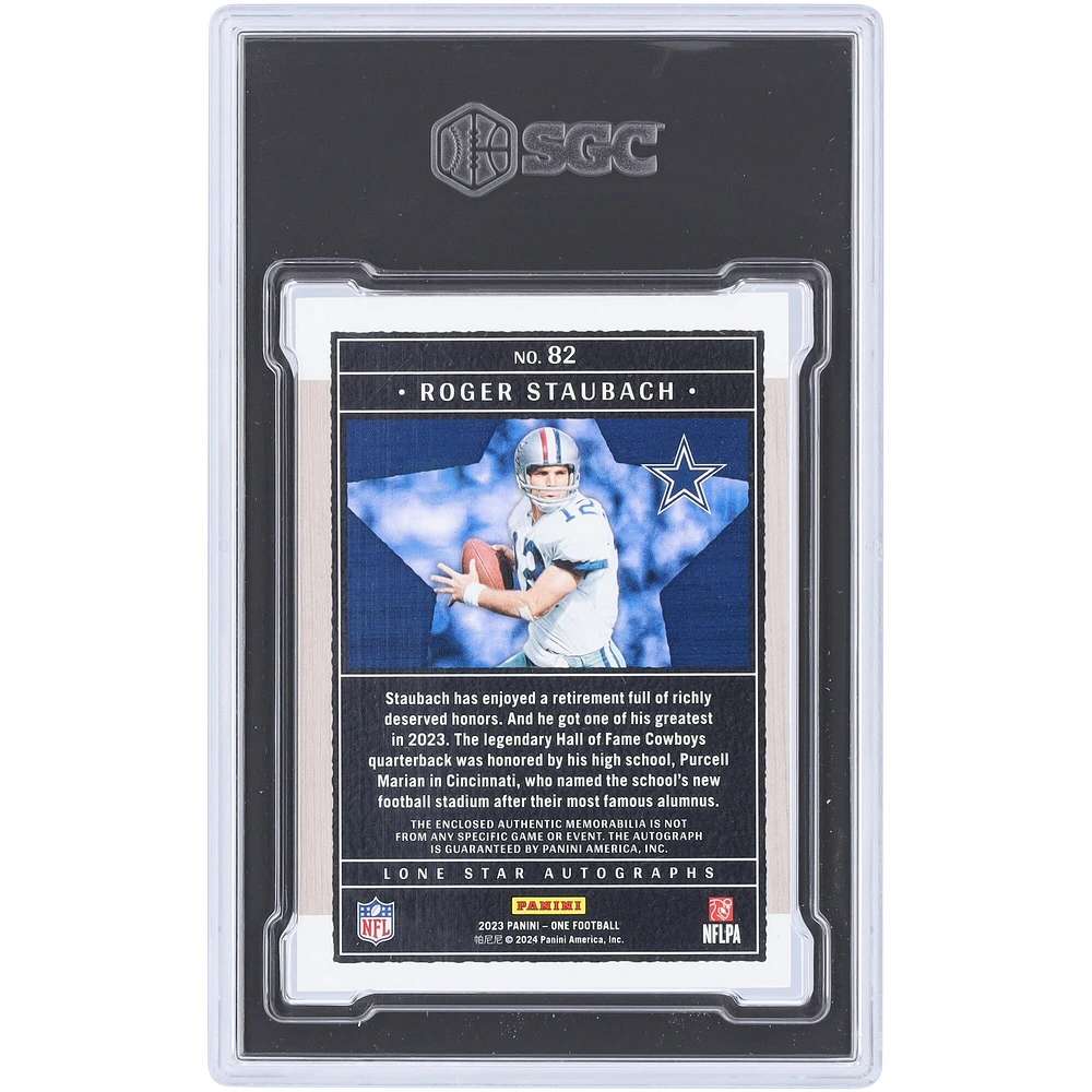 Roger Staubach Dallas Cowboys Autographed 2023 Panini One Bronze Lone Star Materials 3 Color Relic #82 #7/25 SGC Authenticated 9/10 Card