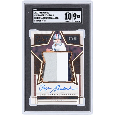 Roger Staubach Dallas Cowboys Autographed 2023 Panini One Bronze Lone Star Materials 3 Color Relic #82 #7/25 SGC Authenticated 9/10 Card