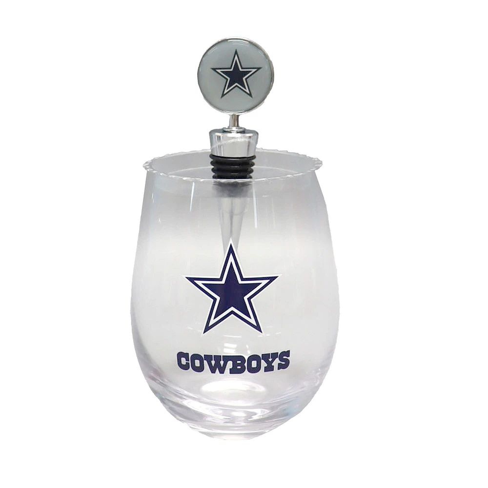 Verre à vin sans pied Dallas Cowboys de 15 oz avec bouchon pour bouteille de vin de The Memory Company