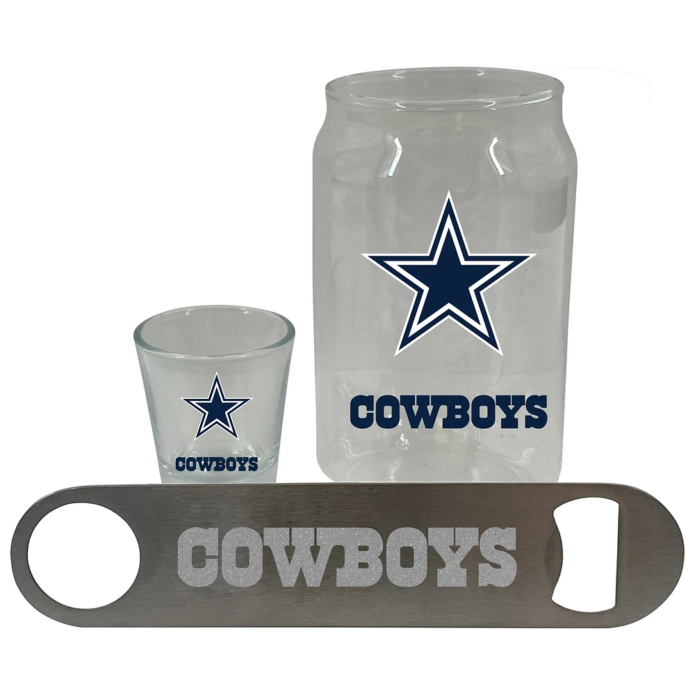 Ensemble de trois verres à bière Dallas Cowboys de The Memory Company, verre à liqueur de 2 oz et décapsuleur