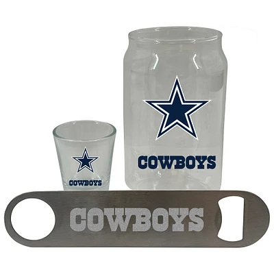 Ensemble de trois verres à bière Dallas Cowboys de The Memory Company, verre à liqueur de 2 oz et décapsuleur