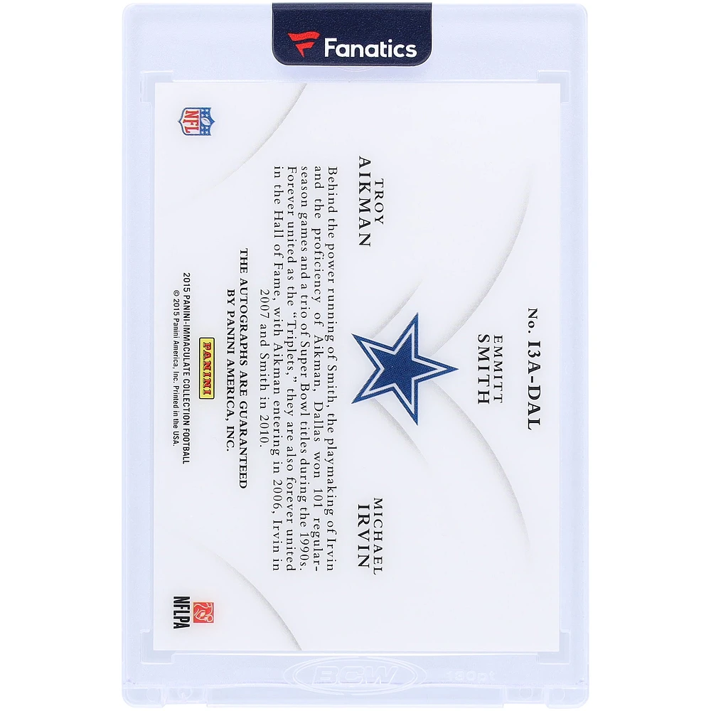 Troy Aikman, Emmitt Smith & Michael Irvin Dallas Cowboys Autographed 2015 Panini Immaculate Triple Auto #I3A-DAL #7/10 Card