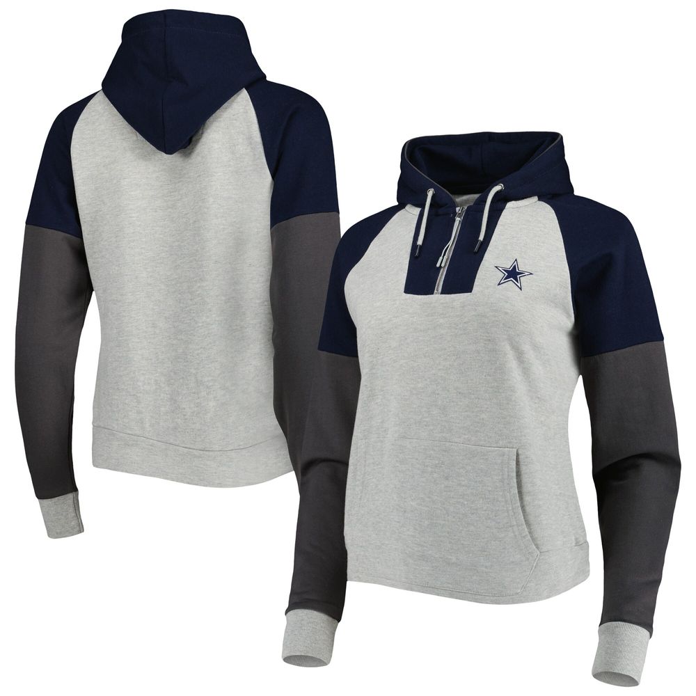 Women's Antigua Heathered Gray/Navy Dallas Cowboys Jackpot Raglan Half-Zip Pullover Hoodie, Size: 2XL, Grey