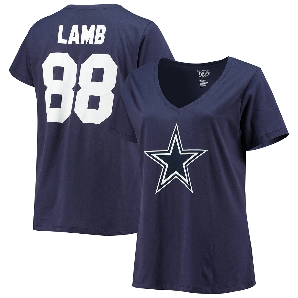 T-shirt à col en V pour femmes CeeDee Lamb Navy Dallas Cowboys, taille plus Fair Catch, nom et numéro