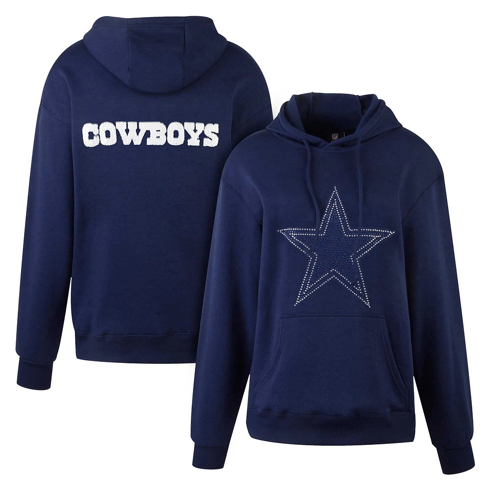 Women's Cuce Navy Dallas Cowboys Rhinestone Logo Wordmark Pullover Hoodie