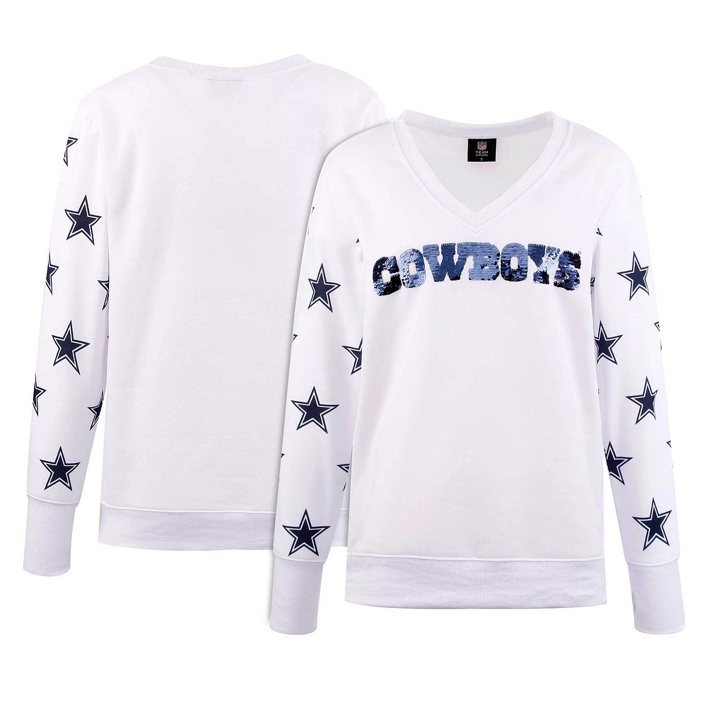 Women's Cuce White Dallas Cowboys Sequin Fleece V-Neck T-Shirt