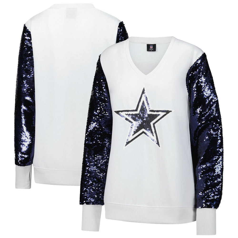 Women's Cuce White Dallas Cowboys Sequin Sleeve V-Neck Pullover Sweatshirt