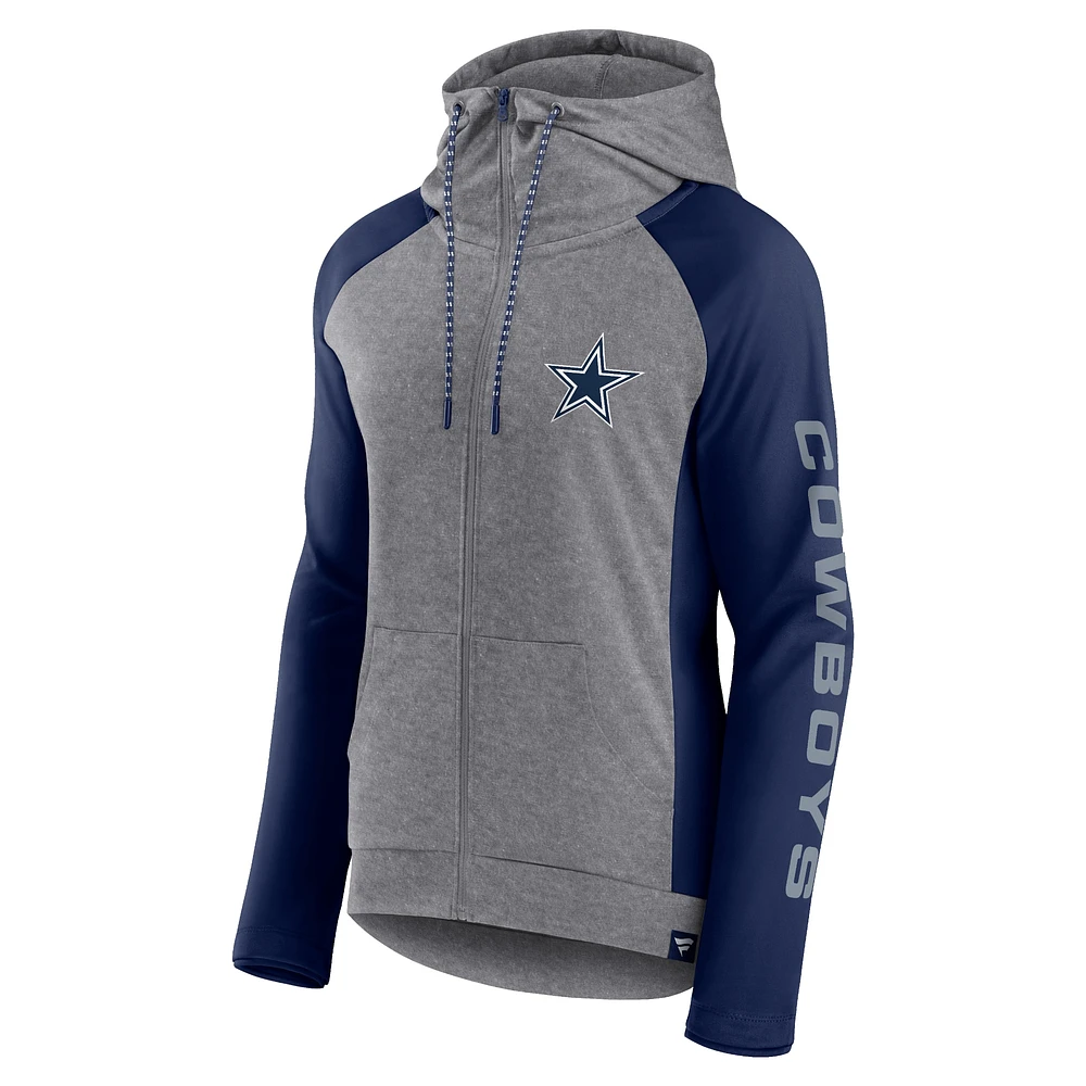 Sweat à capuche entièrement zippé Fanatics gris/marine Dallas Cowboys Blind Side Raglan pour femmes